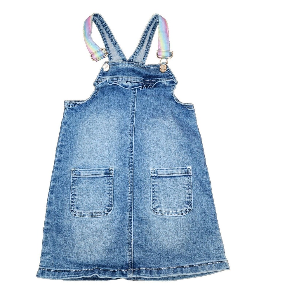 Wonder Nation Girls 5T Denim‎ Jumper Dress Rainbow Straps Ruffle Bib Blue Denim